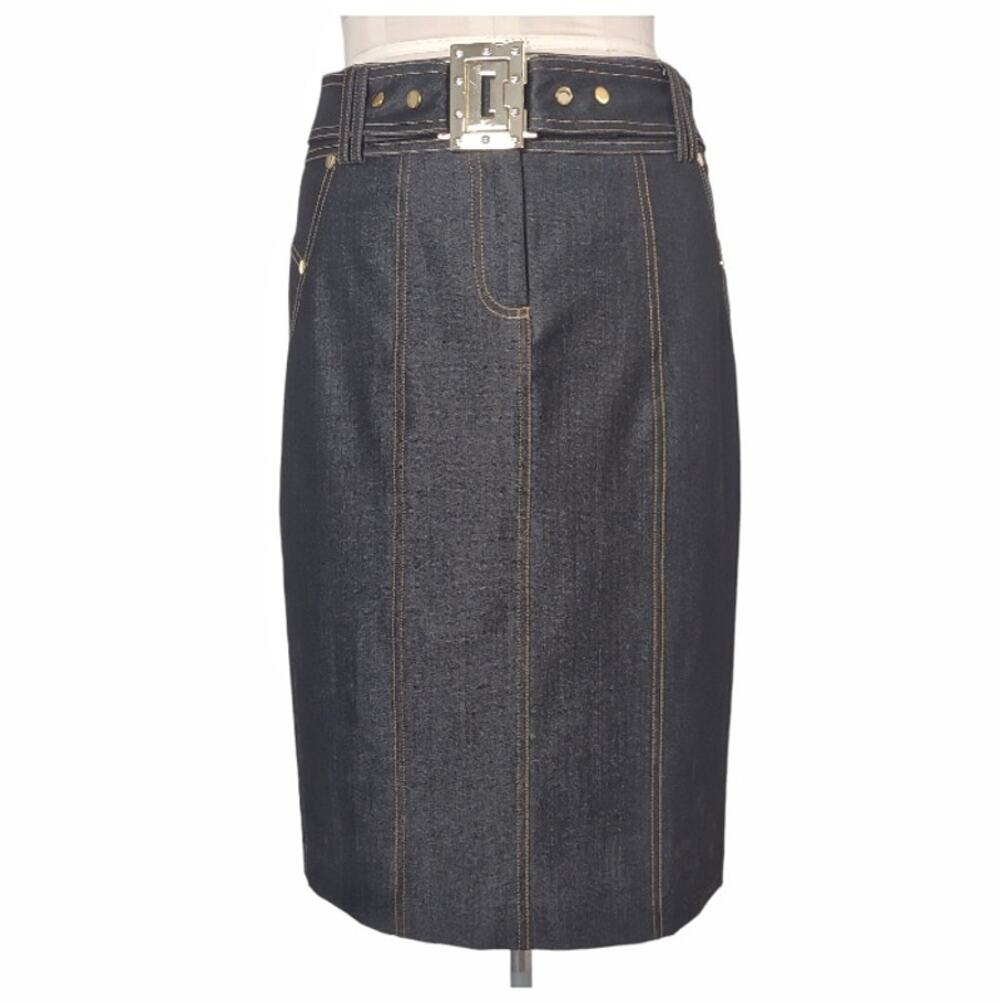 CACHE Stretch Denim Skirt Size 8 Lightweight Matching Belt Gold Hardware Elegant